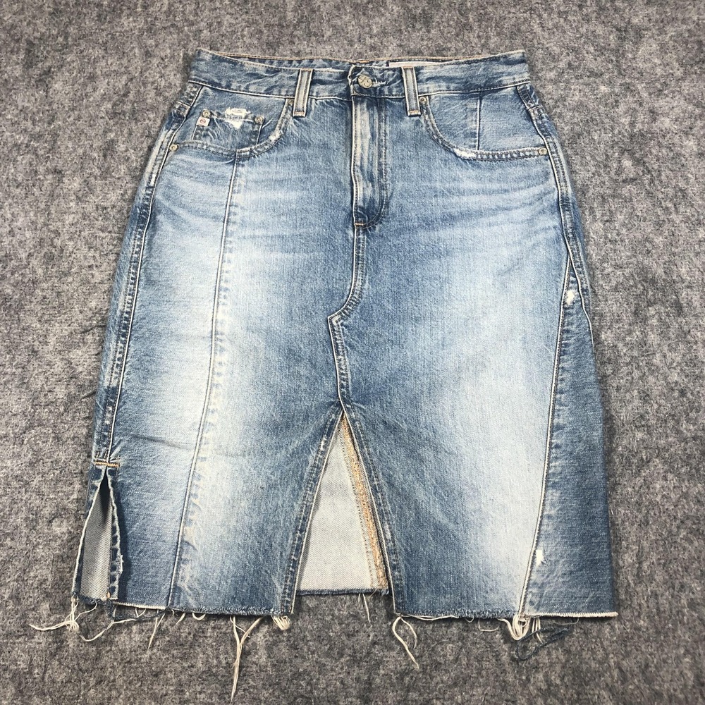 AG Adriano Goldschmied Skirt Womens 28 Blue Denim Knee Length Raw Hem Distressed